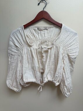 Lotus & Luna Lightweight Cream Peasant Blouse with Tie Front